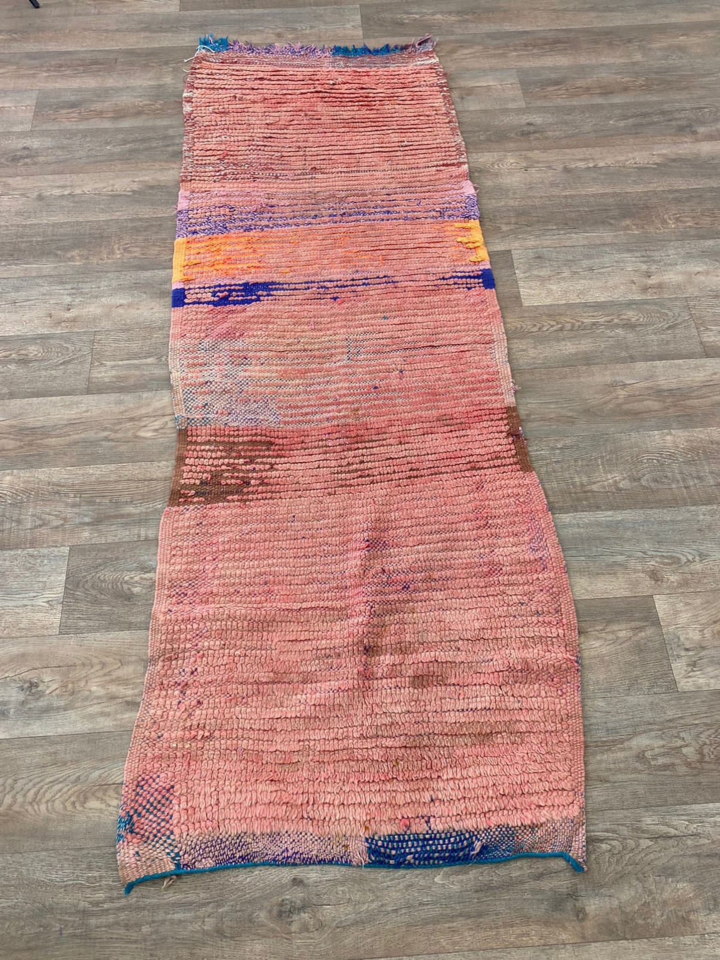 3x8 FT wool boho pink Moroccan rug runner.