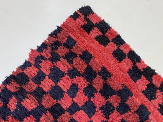 Moroccan red and black checkered runner rug 4x10 ft.