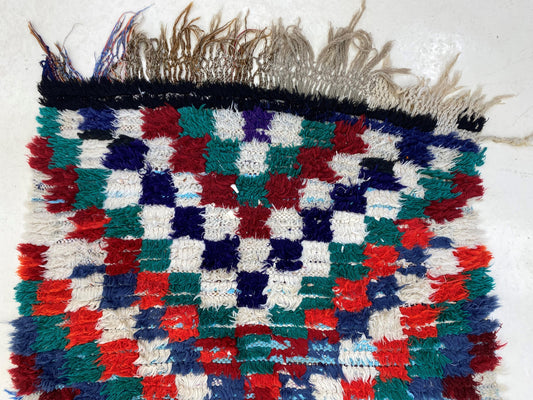 3x9 Narrow checkered runner rug, Moroccan vintage colorful rugs.