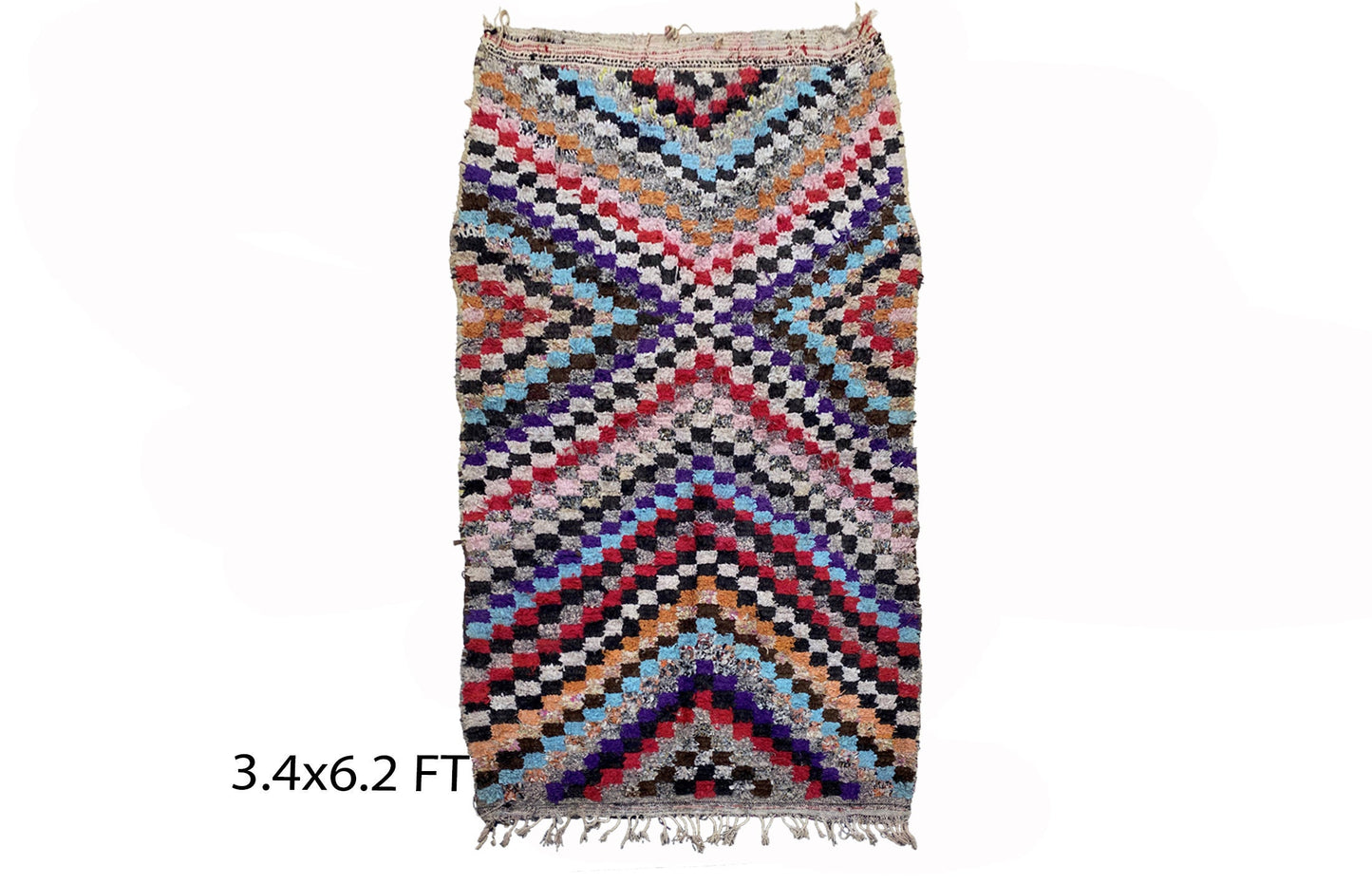 3x6 Moroccan checkered area rug, small vintage colorful rug.