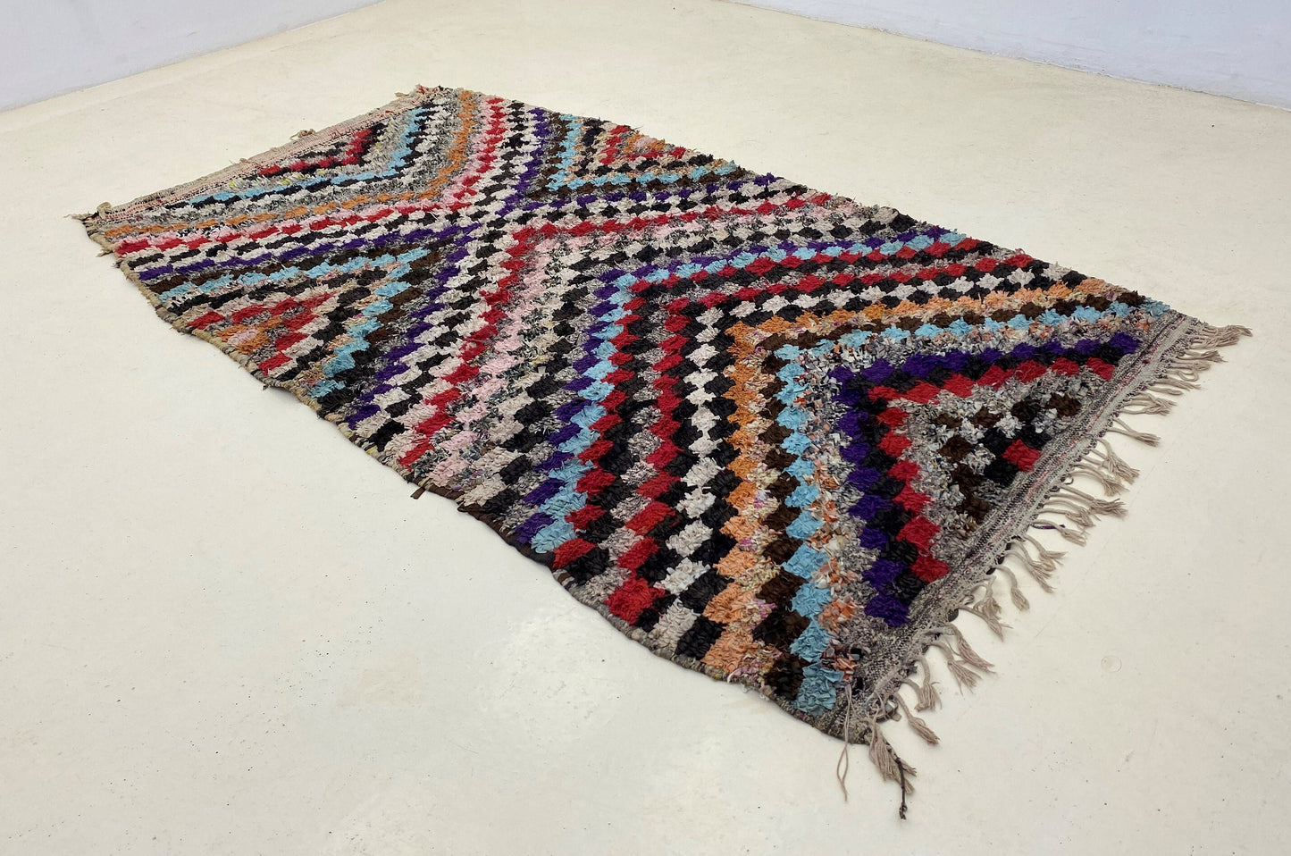 3x6 Moroccan checkered area rug, small vintage colorful rug.
