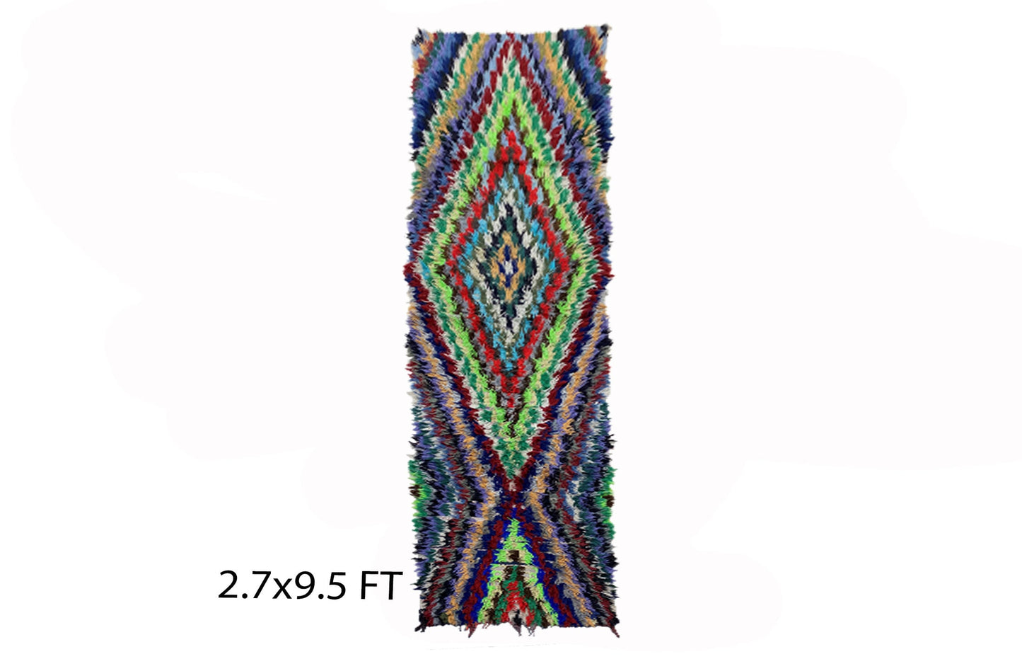 Vintage checkered 3x9.5 rug runner, diamond colorful runner rug.