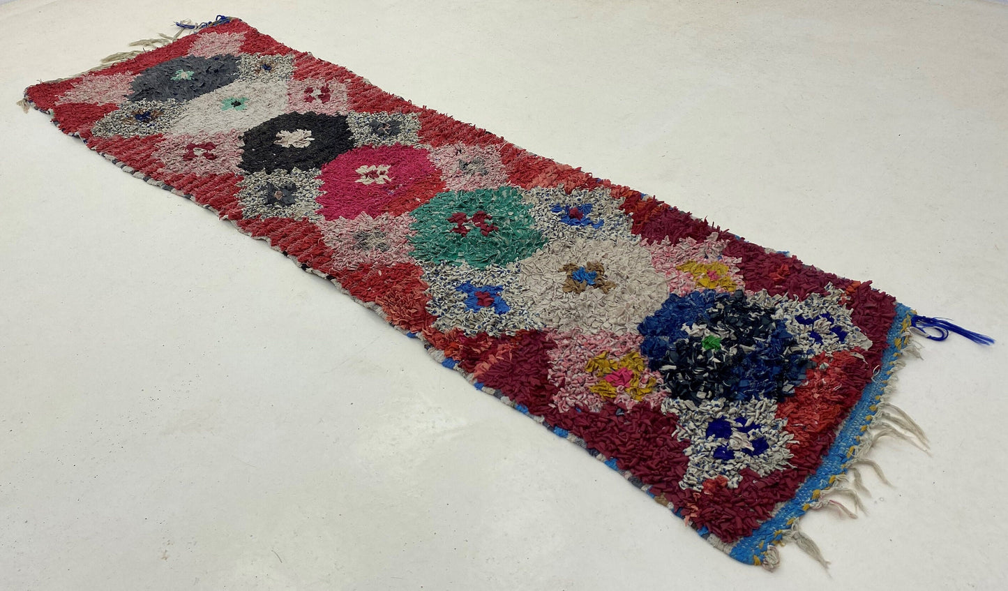Boucherouite vintage runner rug 2x7, Moroccan Berber rug runner.