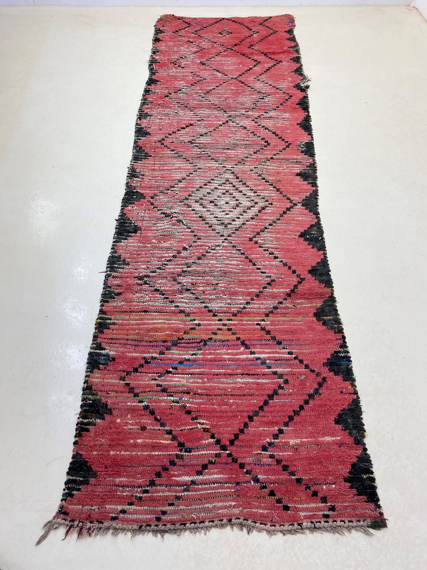 Narrow vintage red runner rug 4x12, Moroccan Berber rug runner.