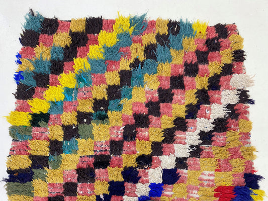 Small vintage checkered area rug 3x5, Moroccan colorful rugs.