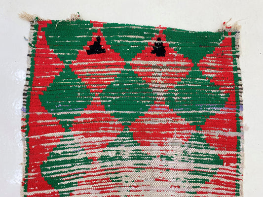 Small diamond area 3x6 rug, green and red vintage rugs.
