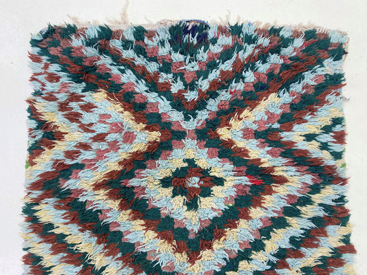 Small vintage checkered area rug 3x5, Moroccan colorful old rugs.