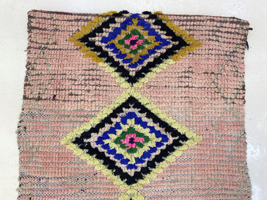 Small colorful vintage runner rug 2x6, Moroccan diamond rug runner.