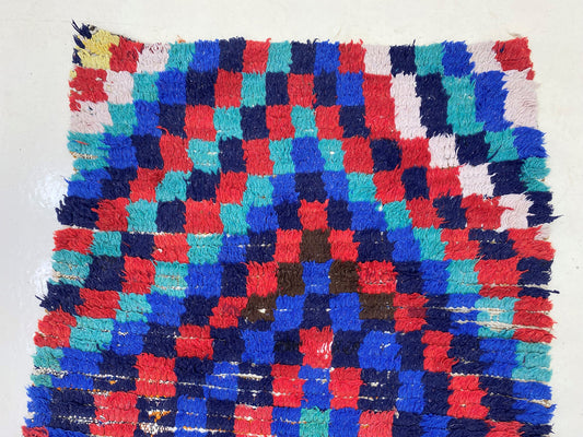 Vintage Moroccan runner rug 3x8, colorful checkered rug runner.