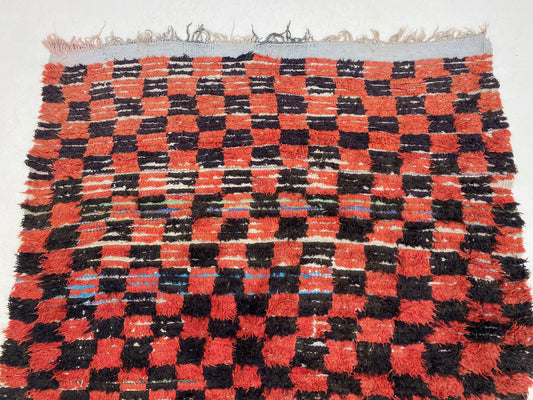 Checkered Black and Red rug 5x8, Moroccan vintage area rug.