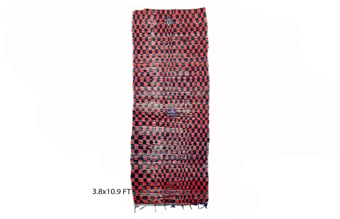 Moroccan checkered runner rug 4x11, red and black rug runner.