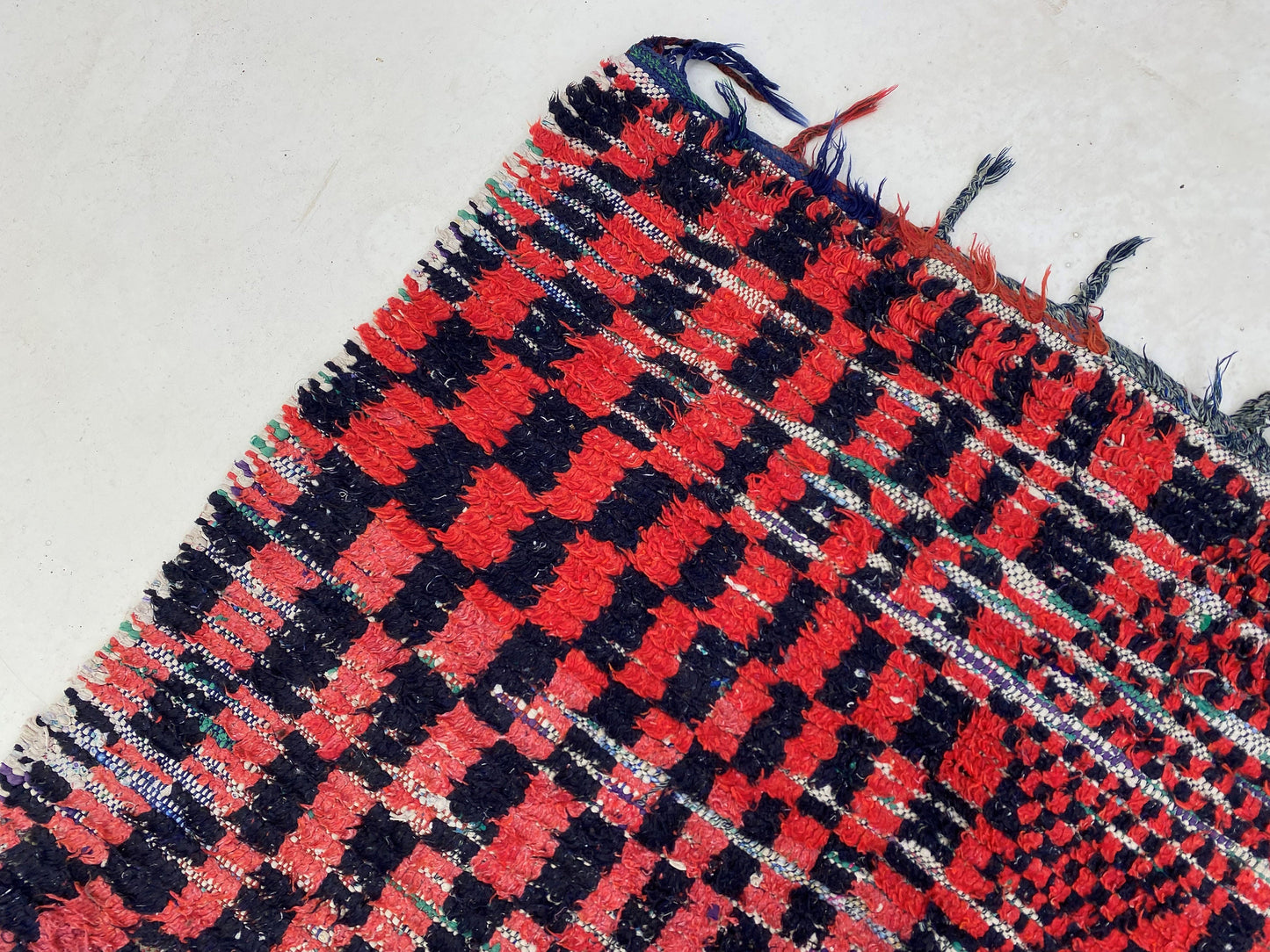 Moroccan checkered runner rug 4x11, red and black rug runner.