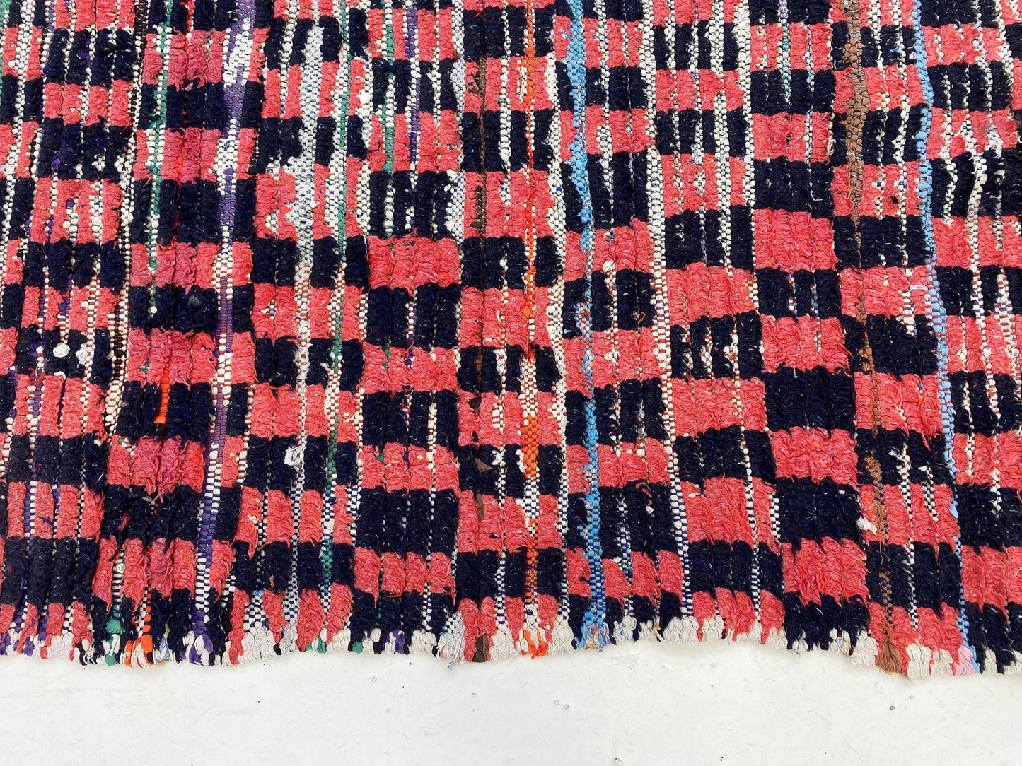 Moroccan checkered runner rug 4x11, red and black rug runner.
