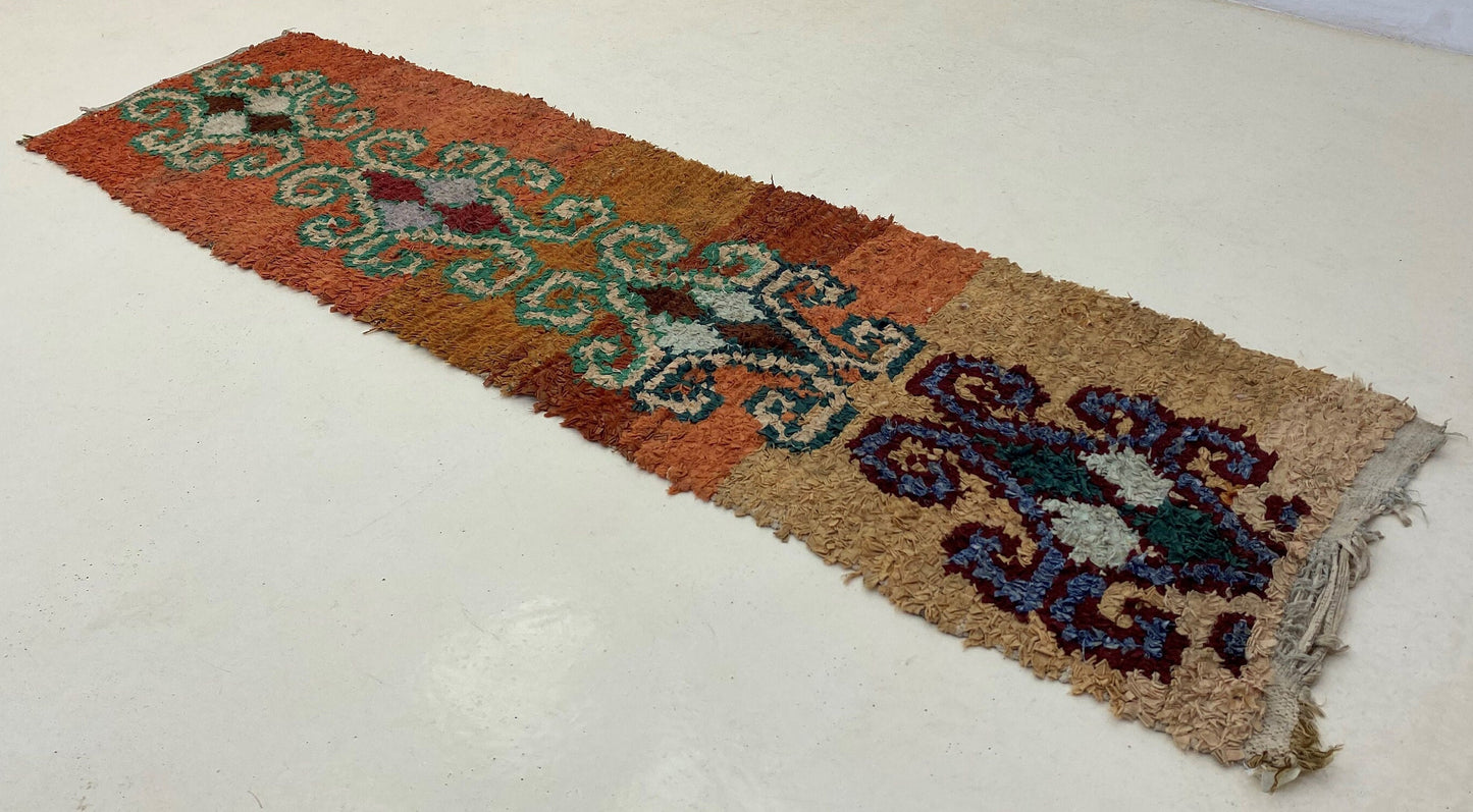 Boucherouite vintage runner rug 2x7, Moroccan Berber runner rug.