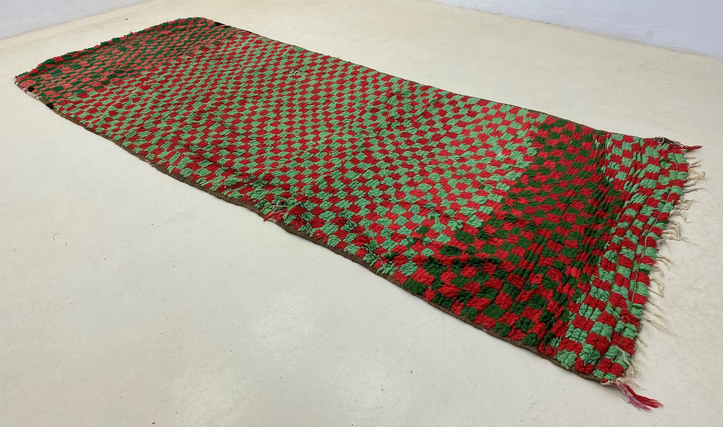 Moroccan checkered runner rug 4x9.5, narrow vintage rug runner.