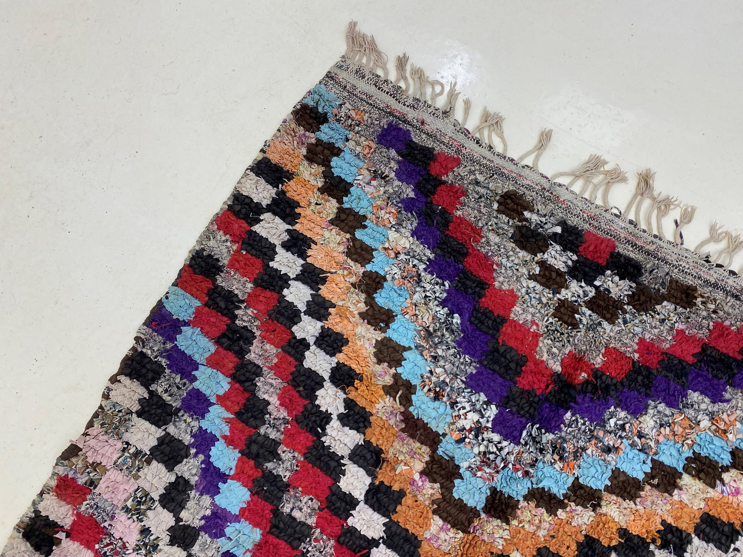 3x6 Moroccan checkered area rug, small vintage colorful rug.