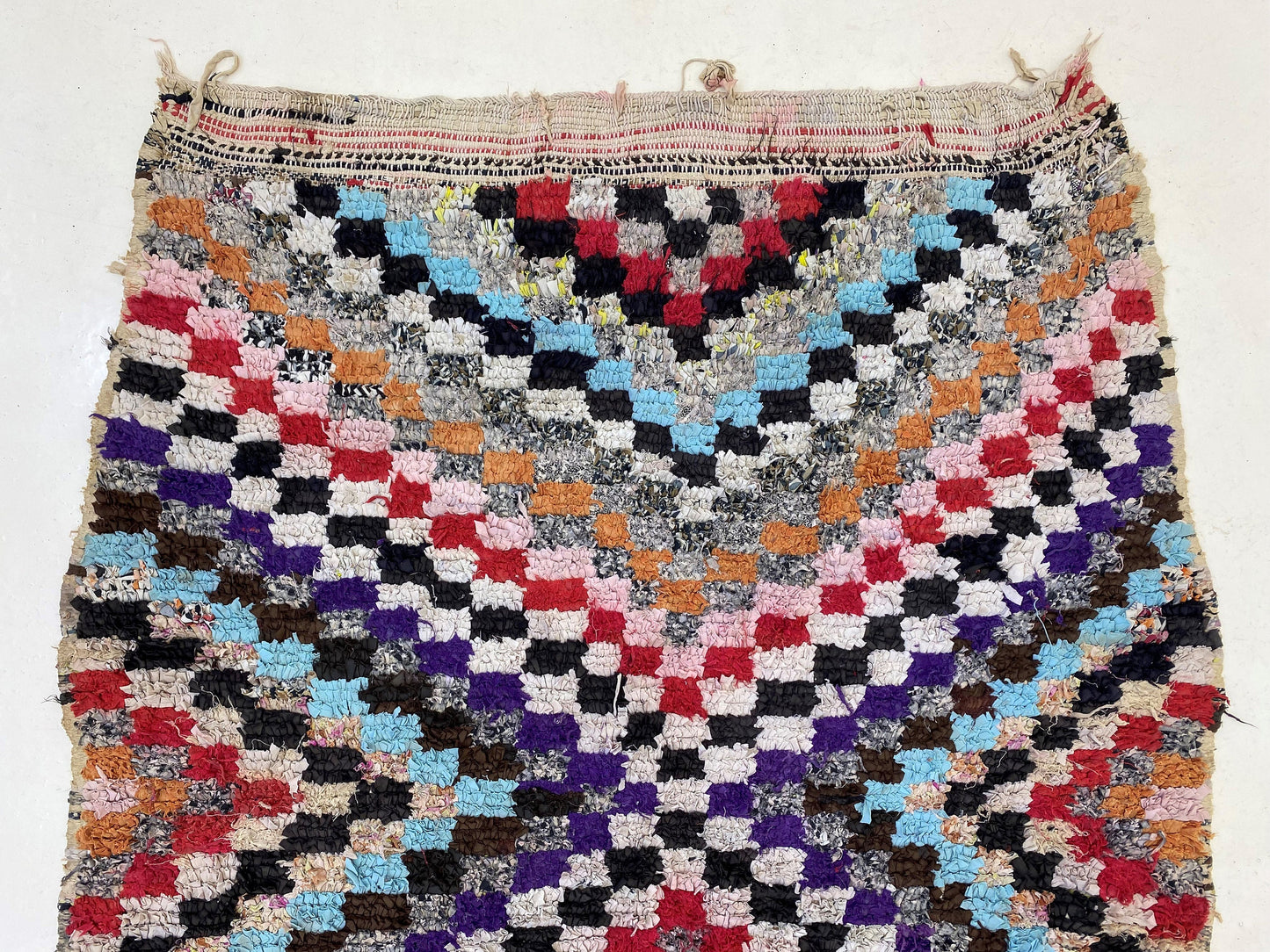 3x6 Moroccan checkered area rug, small vintage colorful rug.
