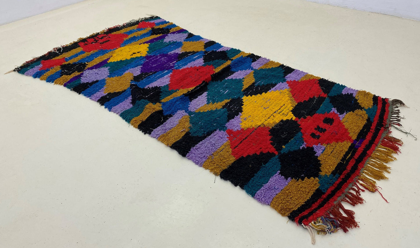 3x7 Moroccan vintage rug, diamond colorful rugs.