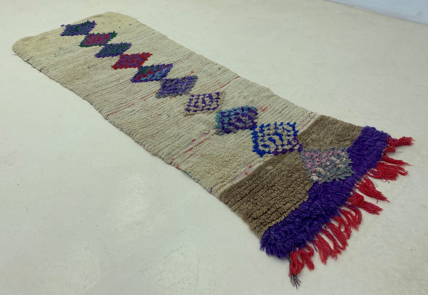 Colorful diamond runner rug 2x7, Moroccan Berber rug runner.