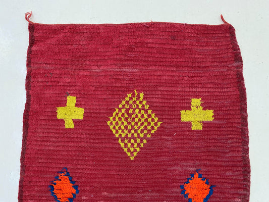 Vintage diamond red rug 3x6, Moroccan flat weave rug.
