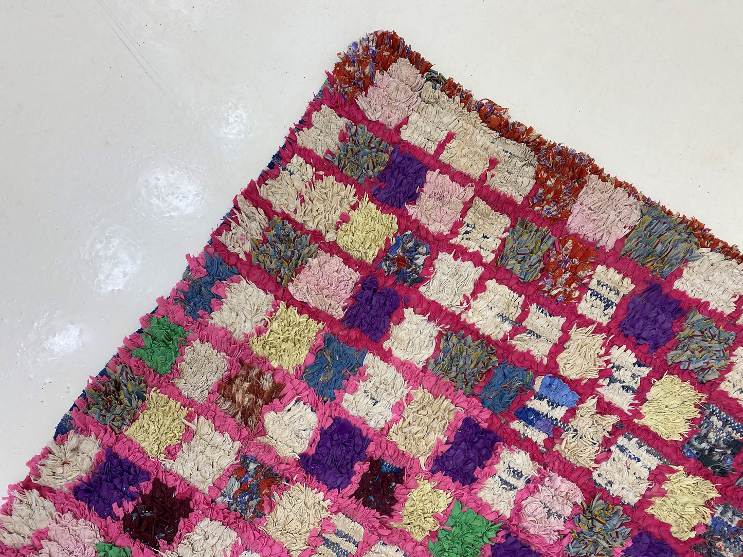 Checkered colorful runner rug 3x8, Moroccan faded rug runner.