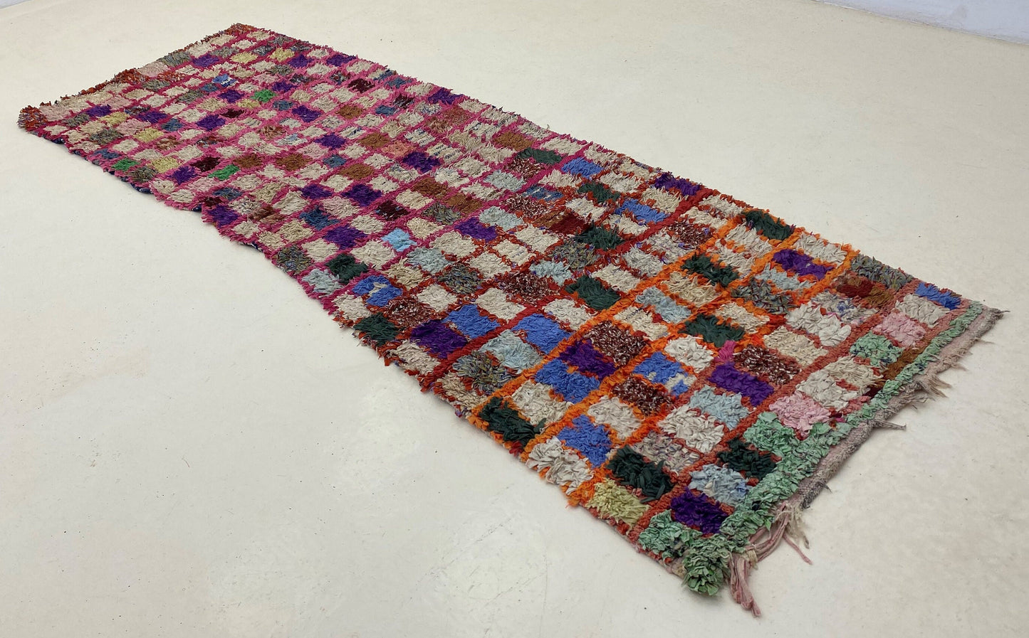 Checkered colorful runner rug 3x8, Moroccan faded rug runner.