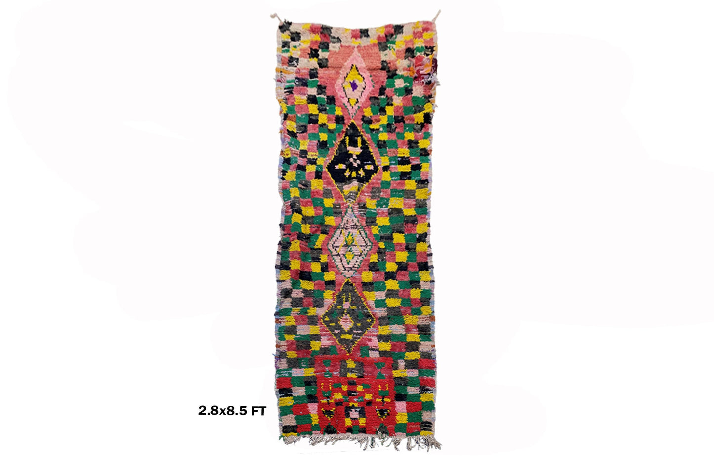 Narrow checkered runner, Moroccan vintage runner rug 3x8.5.