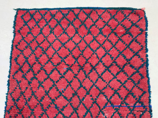 Vintage red grid 4x8 rug runner, Narrow Moroccan runner rug.