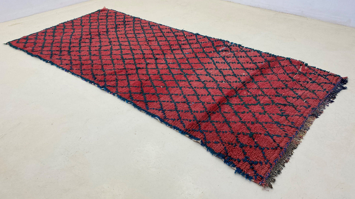 Vintage red grid 4x8 rug runner, Narrow Moroccan runner rug.