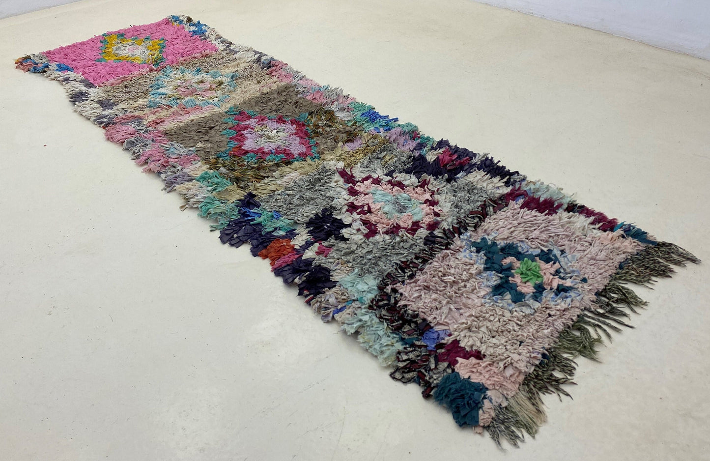 Vintage diamond runner rug 3x8.5, Moroccan colorful rug runner.