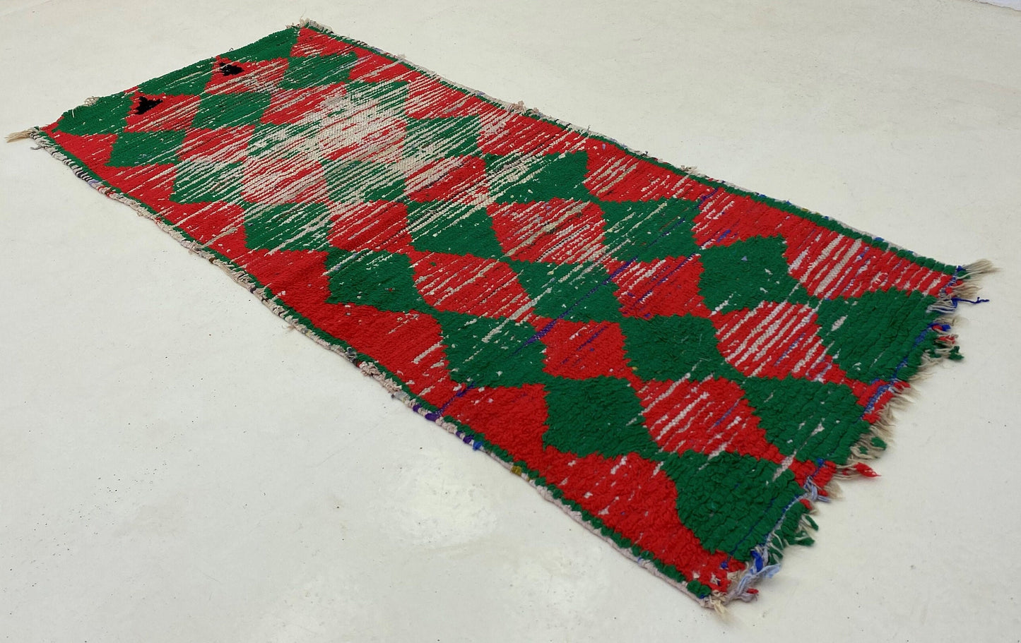 Small diamond area 3x6 rug, green and red vintage rugs.