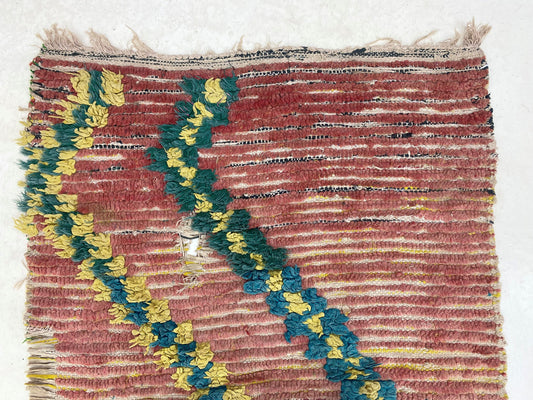 Long vintage colorful woven runner rug 3x10, Moroccan Berber rug runner.