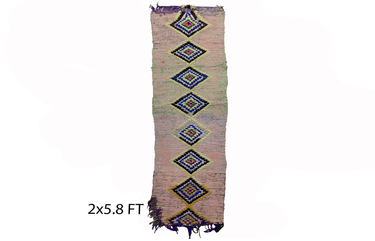 Small colorful vintage runner rug 2x6, Moroccan diamond rug runner.
