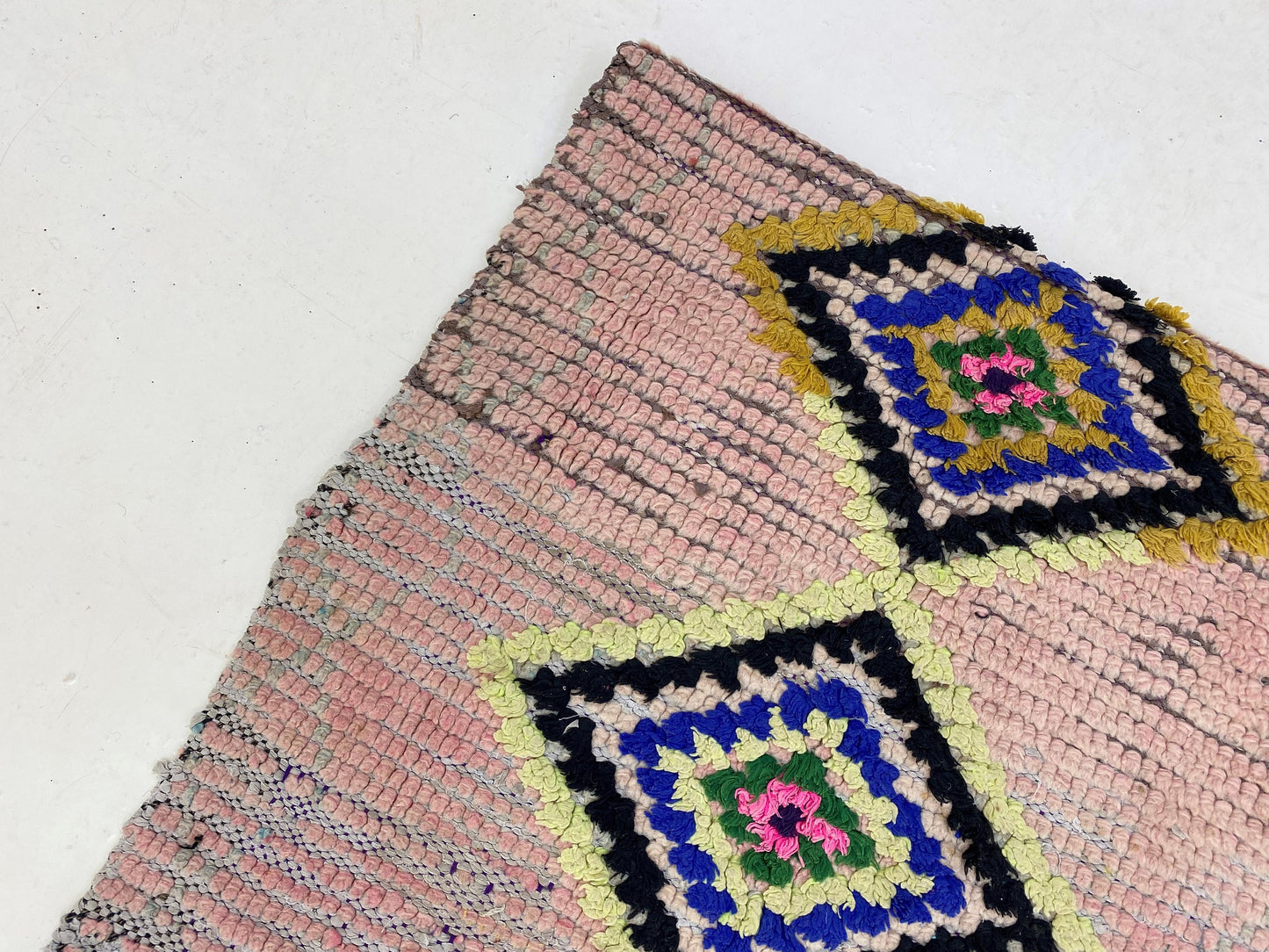 Small colorful vintage runner rug 2x6, Moroccan diamond rug runner.