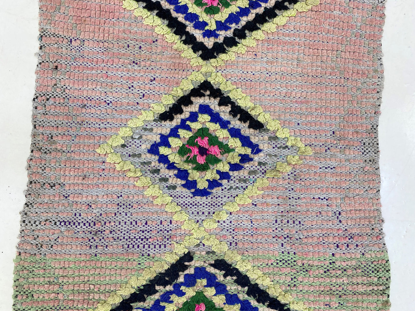 Small colorful vintage runner rug 2x6, Moroccan diamond rug runner.
