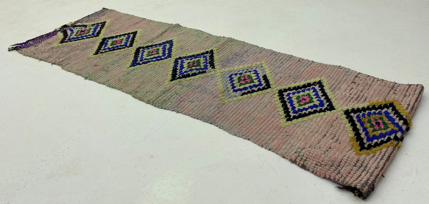 Small colorful vintage runner rug 2x6, Moroccan diamond rug runner.