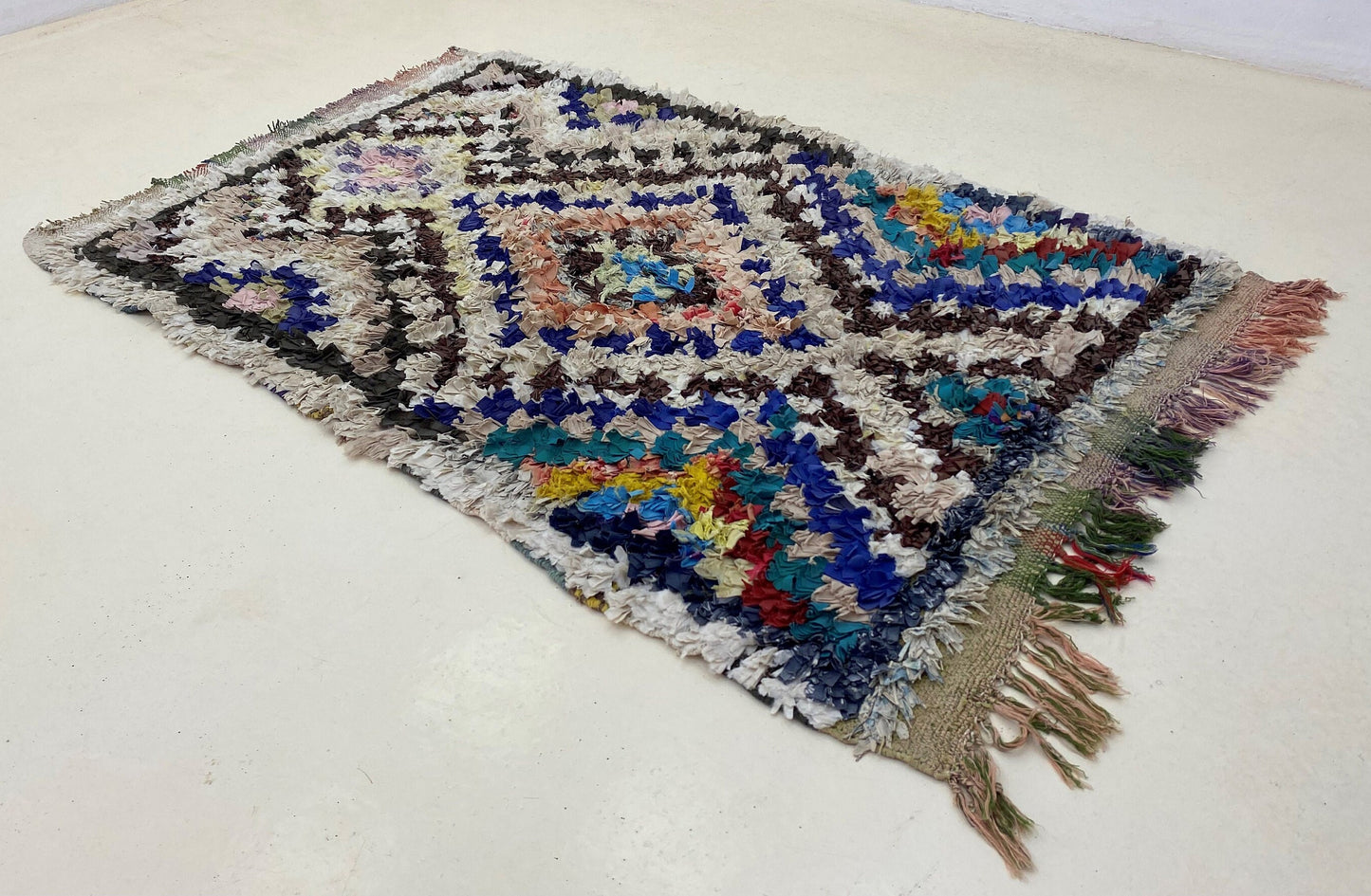 Checkered Boucherouite area rug 4x6, vintage Berber rug.