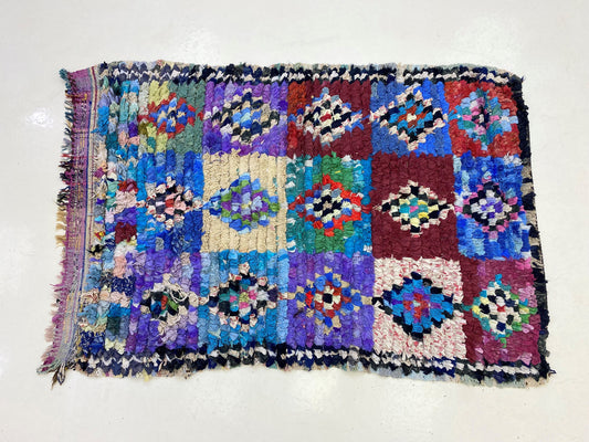 Vintage Moroccan Colorful Rug 3x5, Boucherouite small rug.