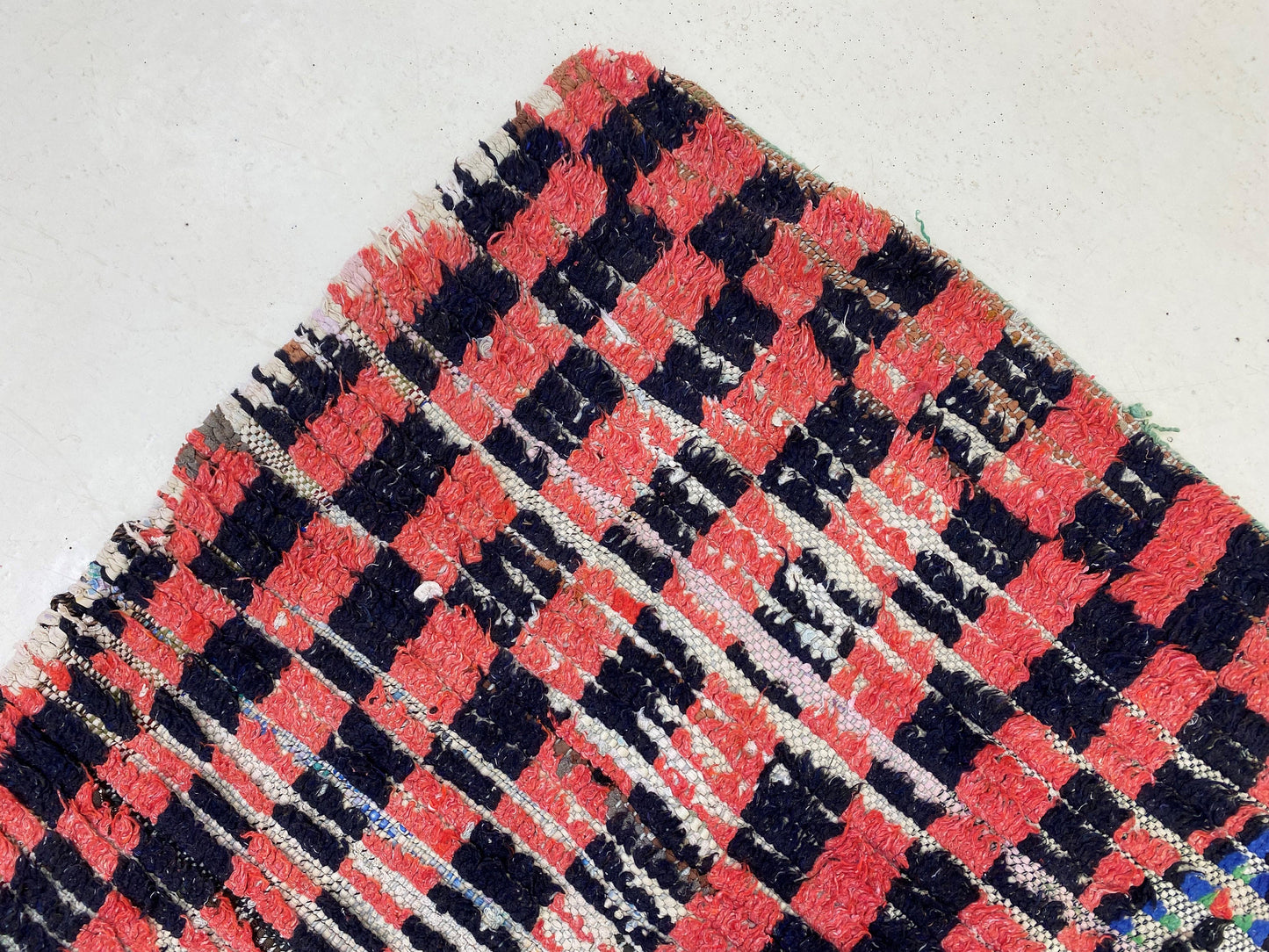 Moroccan checkered runner rug 4x11, red and black rug runner.