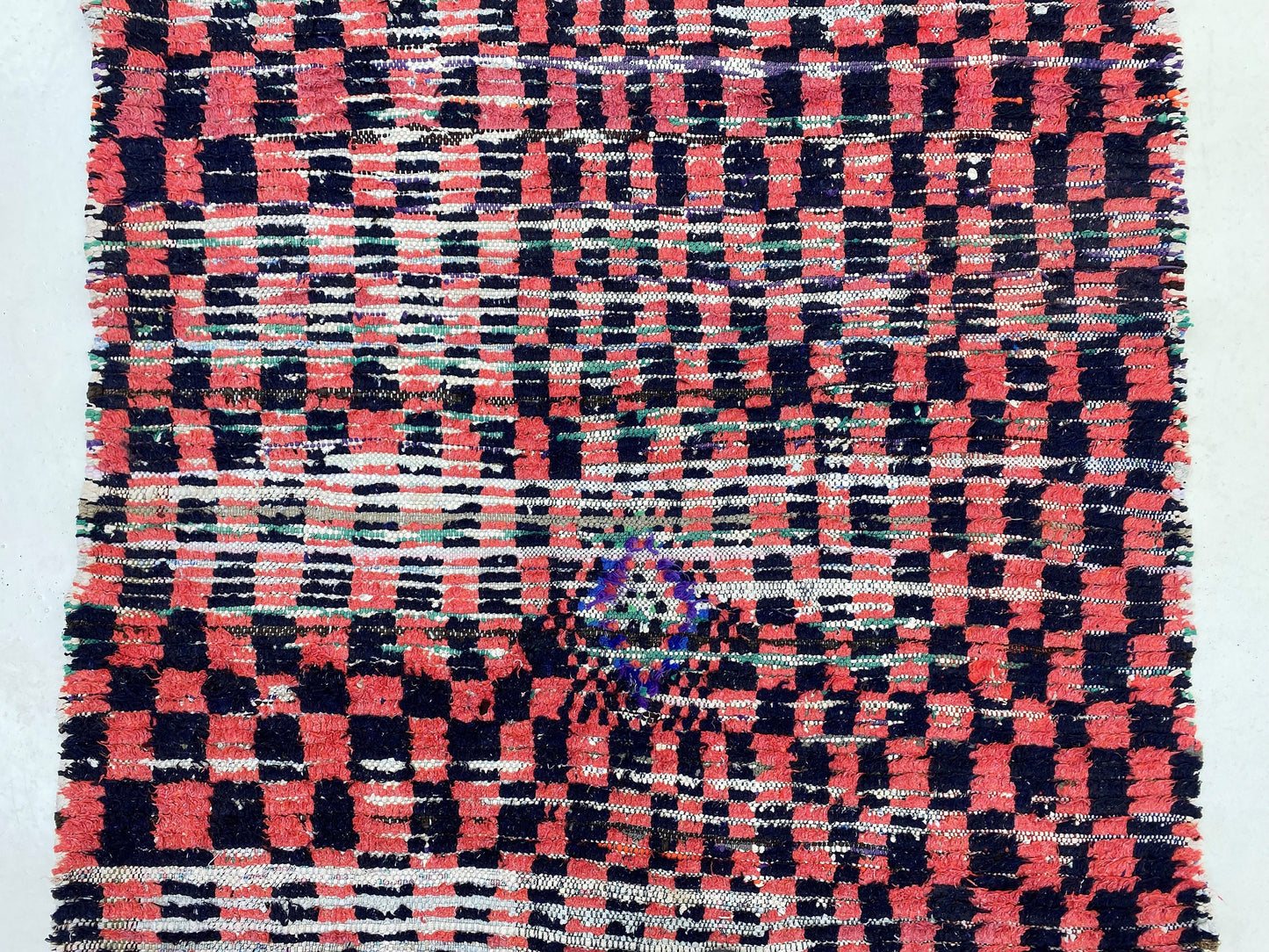 Moroccan checkered runner rug 4x11, red and black rug runner.