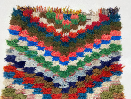 Narrow Checkered runner rug 3x8, vintage colorful rug runner.
