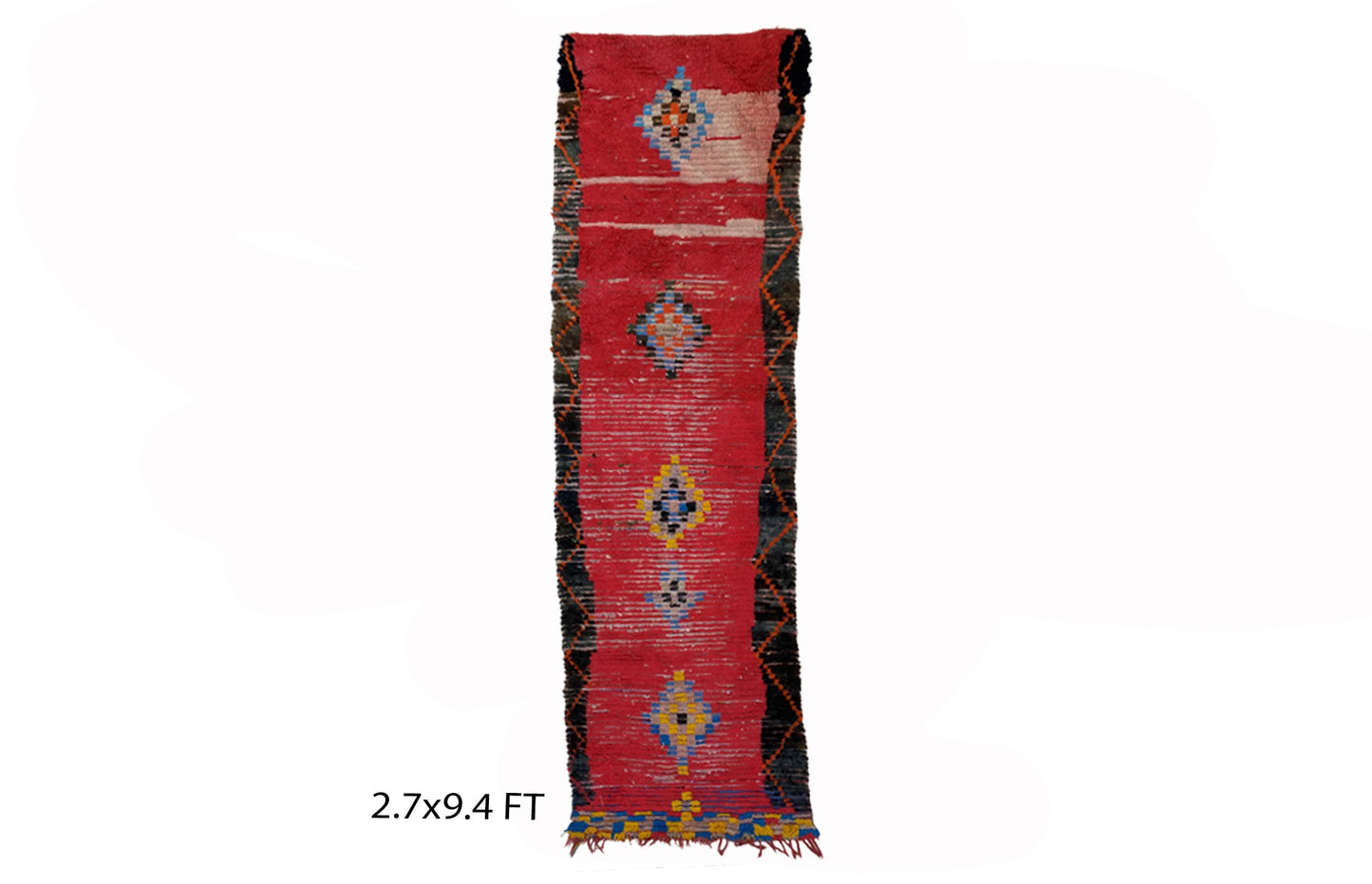 Moroccan red diamond runner rug 3x8, Berber vintage rug runner.