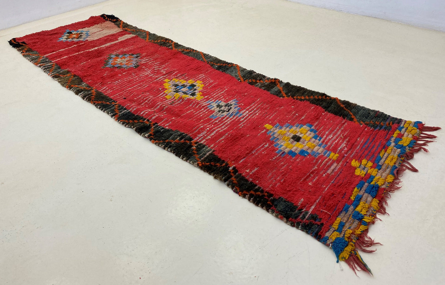 Moroccan red diamond runner rug 3x8, Berber vintage rug runner.