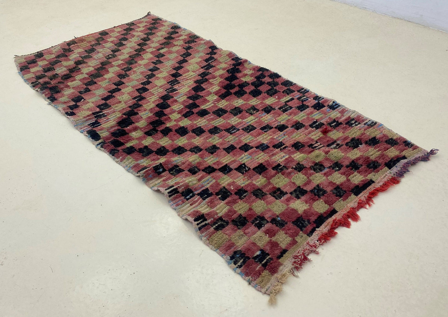 Vintage Checkered rug 3x6, small Moroccan Berber rug.