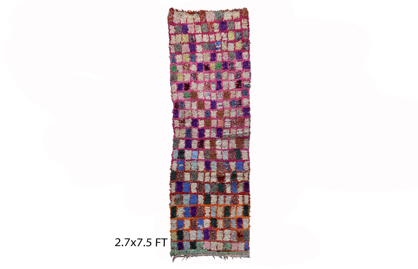 Checkered colorful runner rug 3x8, Moroccan faded rug runner.