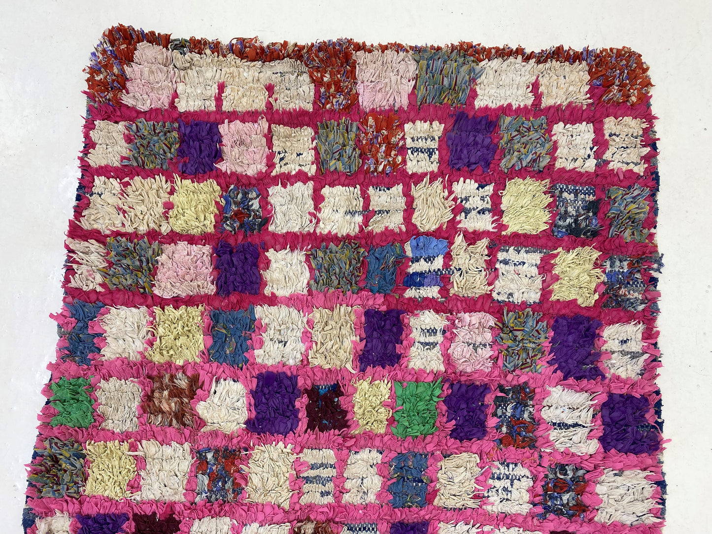 Checkered colorful runner rug 3x8, Moroccan faded rug runner.