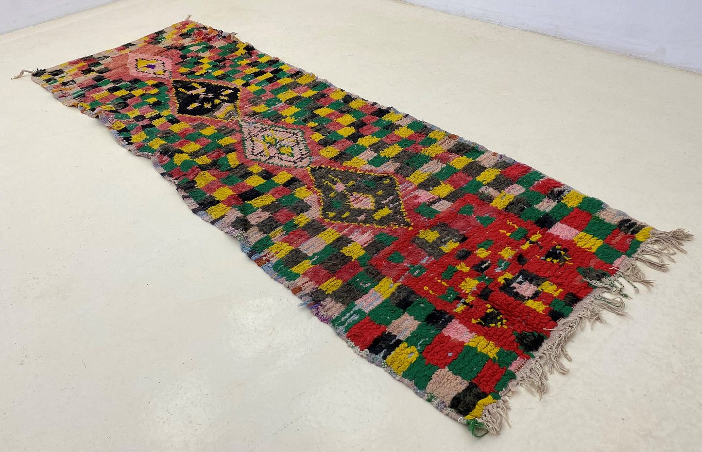 Narrow checkered runner, Moroccan vintage runner rug 3x8.5.