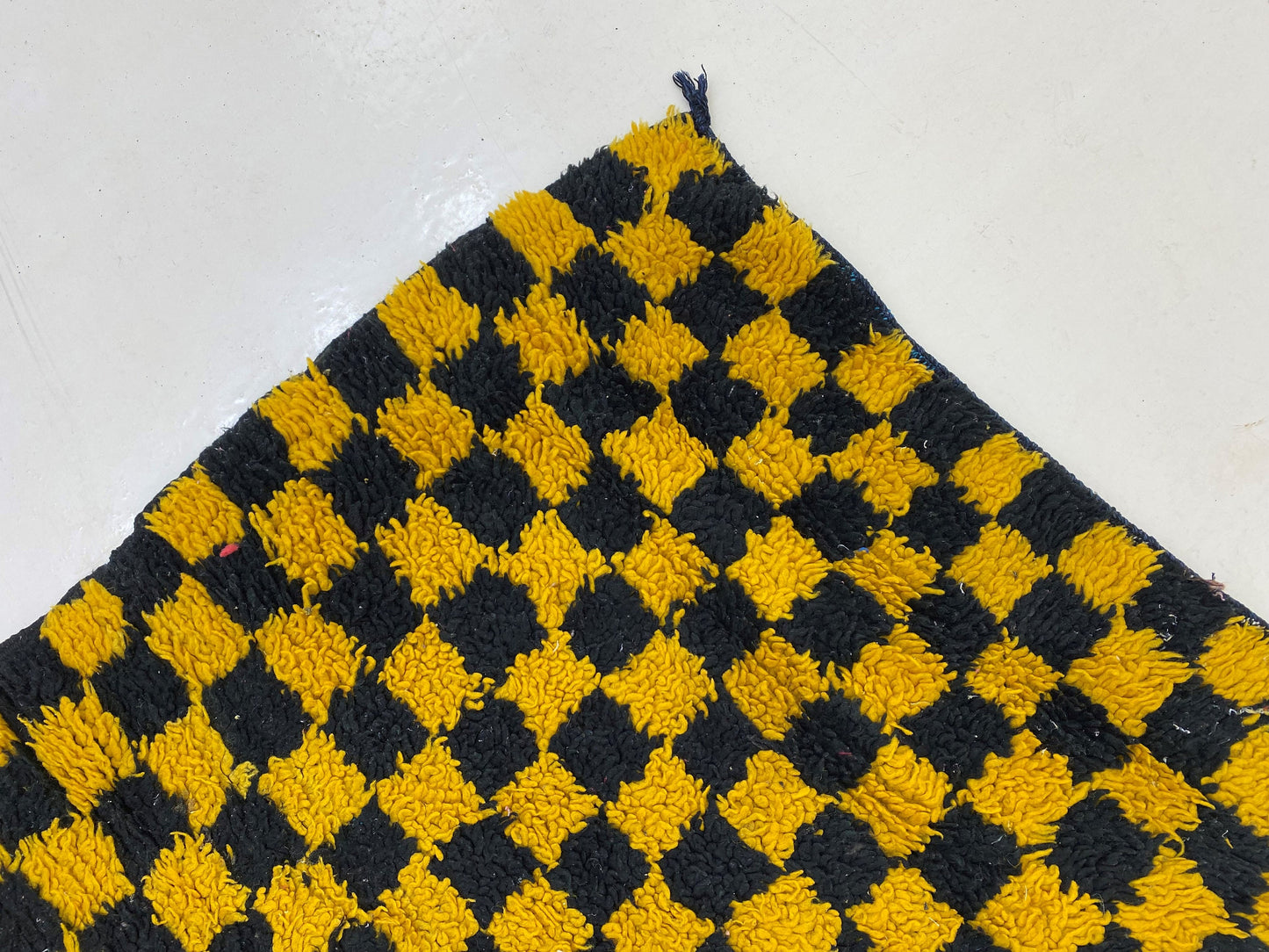 Black and Yellow Checkerboard Moroccan rug, 3x8.5 Runner.