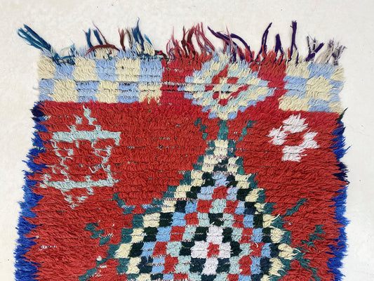 Vintage Moroccan Wool 3x8.5 Runner Rug, Berber colored diamond worn Rug Runner.