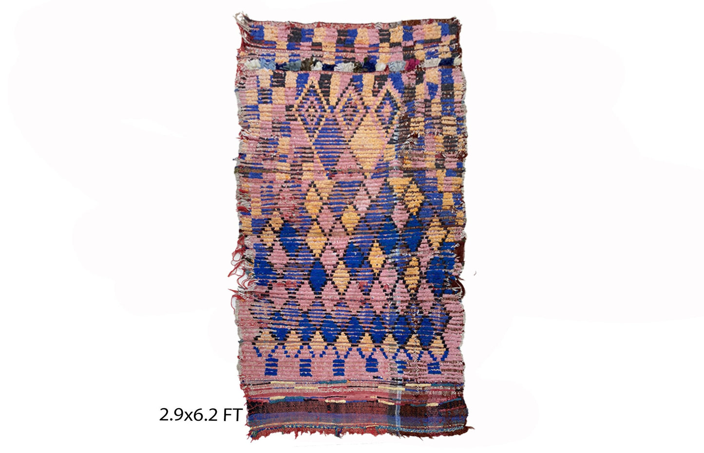 Handwoven Berber Moroccan Wool 3x6 Rug, Faded colorful diamond rug.